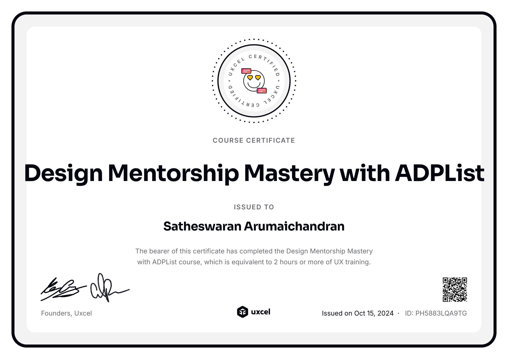 Satheswaran Arumaichandran's certificate